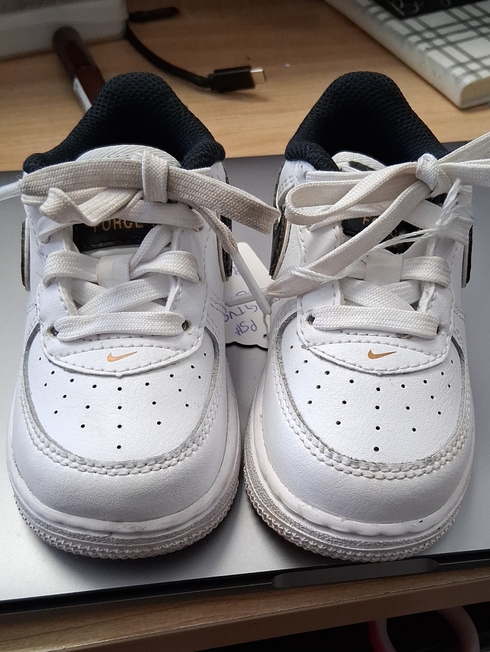 Nike Kids White and Black Sneakers with Gold Swoosh Y7GTVC